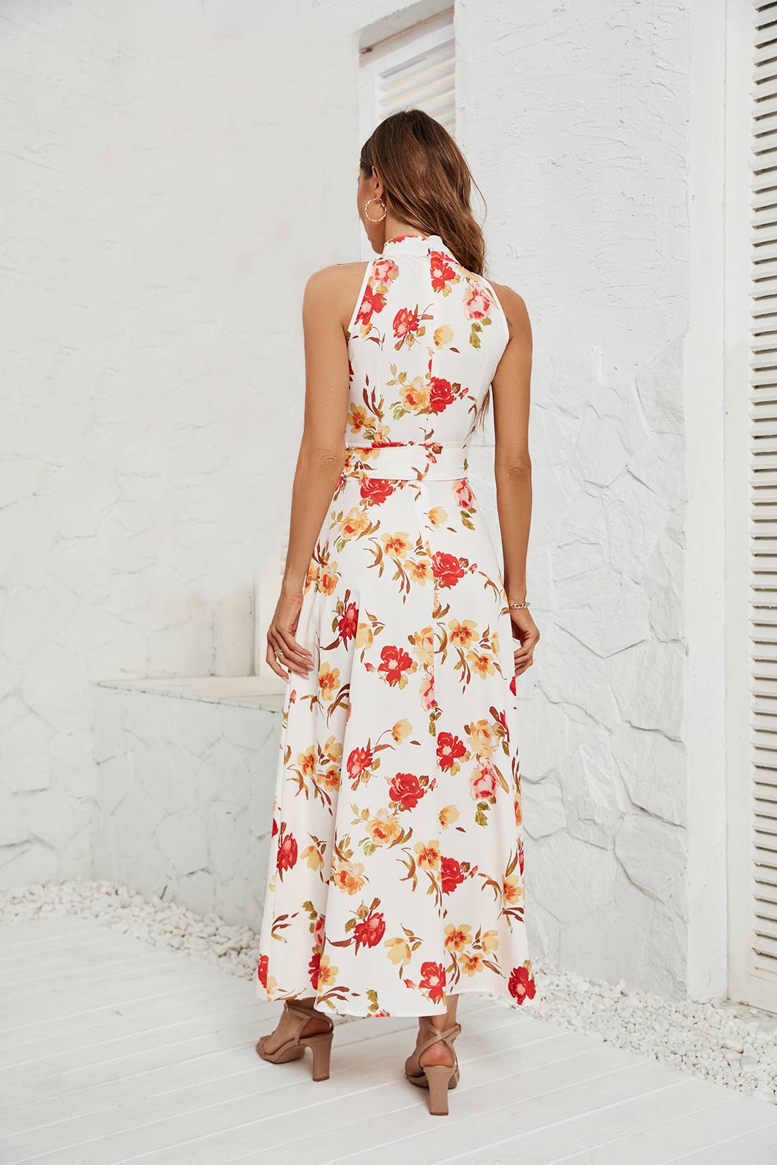 Belt-up dress with high neck and waist