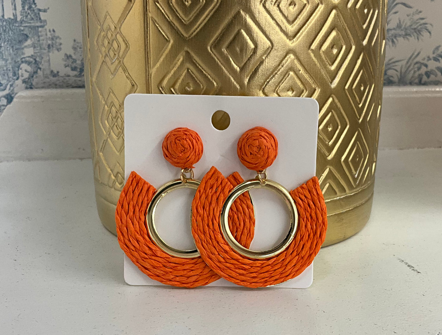 Orange and gold raffia earrings