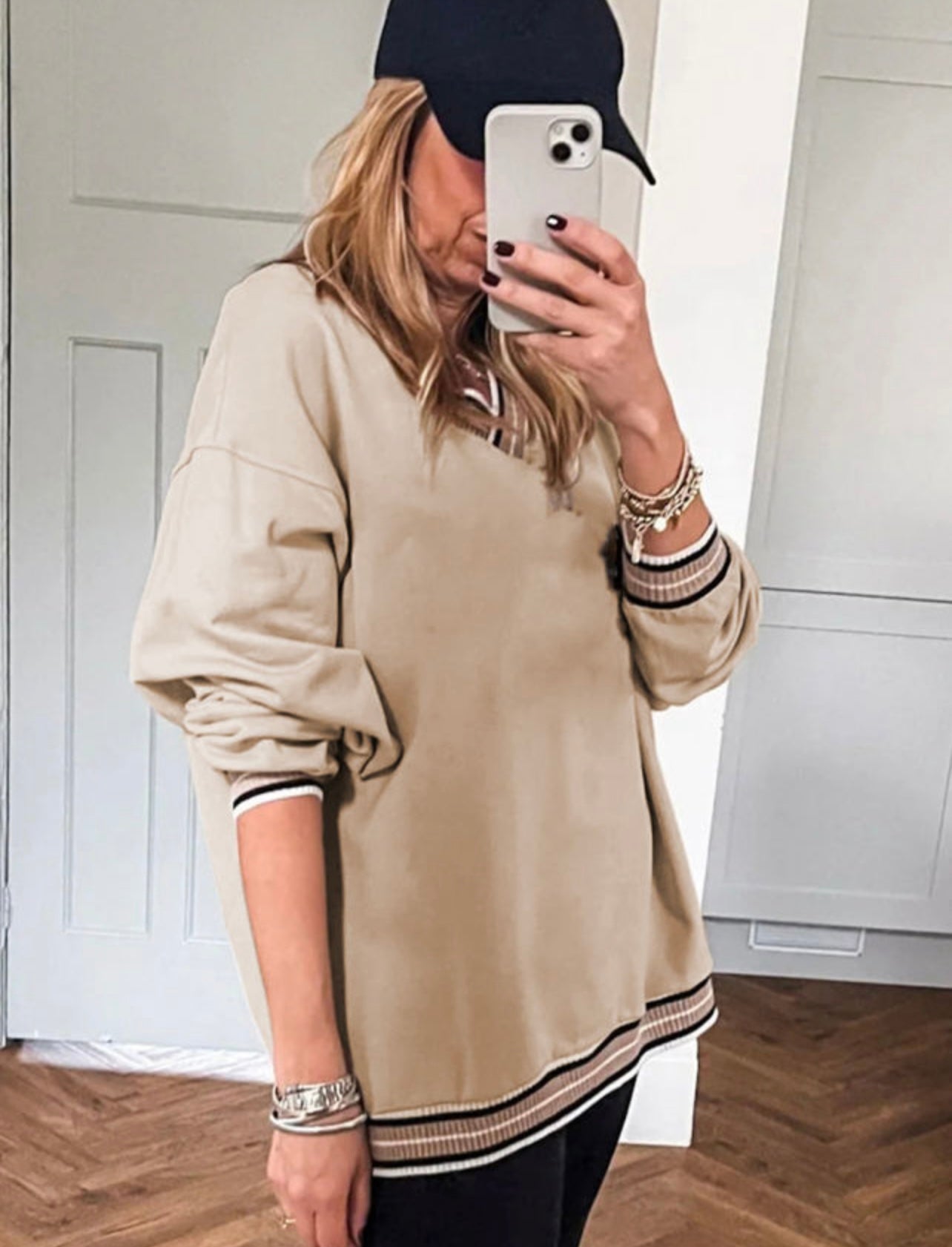 Beige stripe cream open bottom sweatshirt