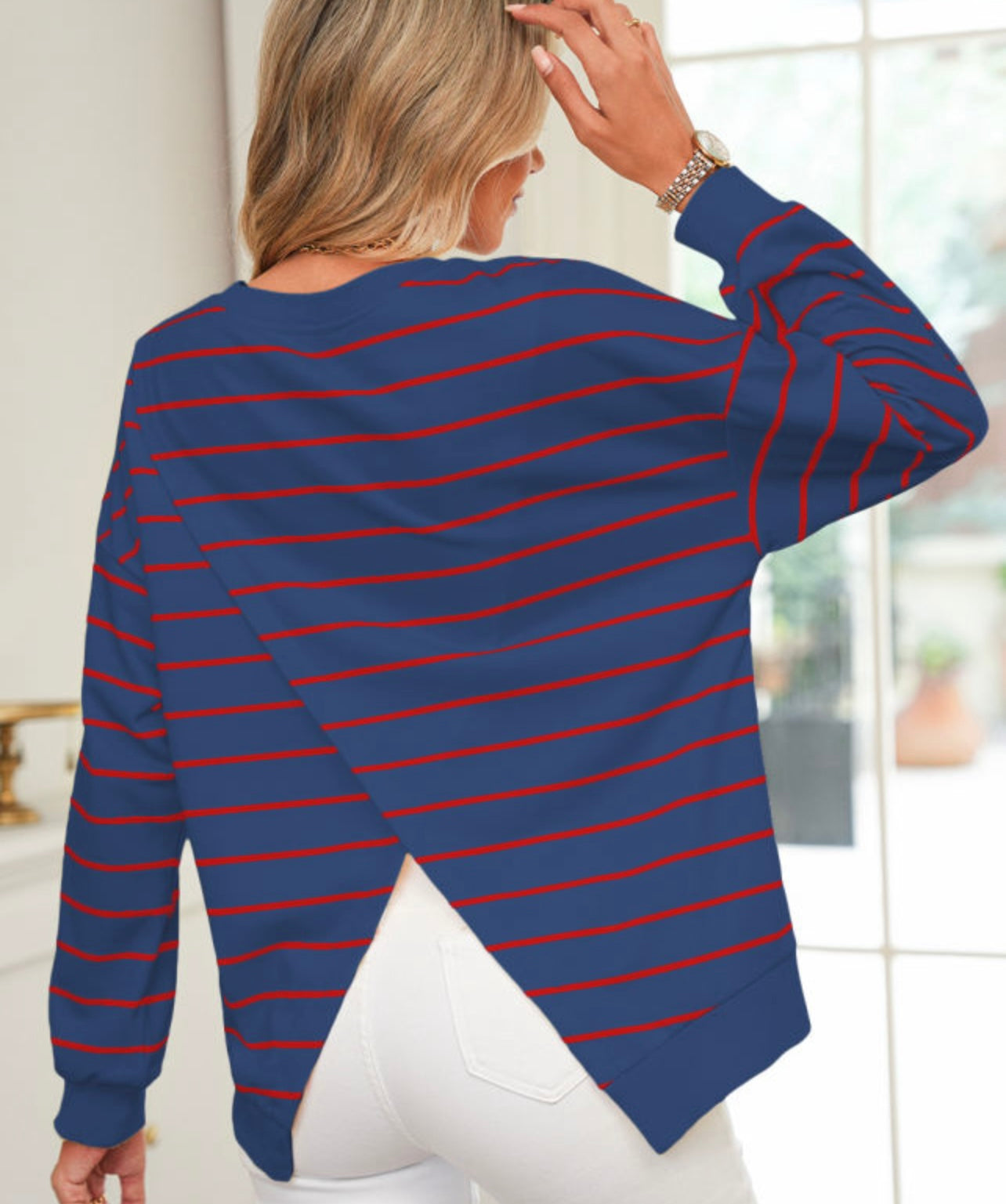 Blue/red striped open back long sleeve