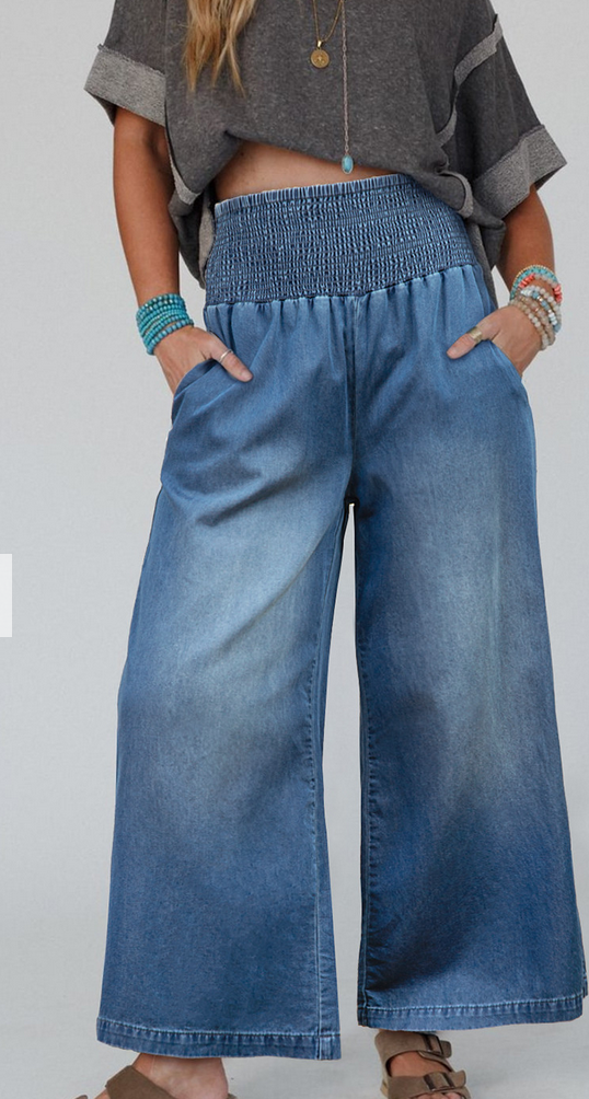 Smocked wide leg jean