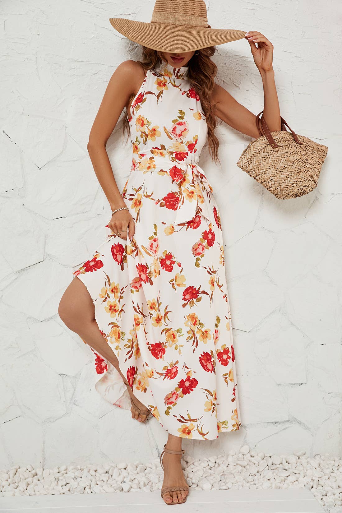 Belt-up dress with high neck and waist