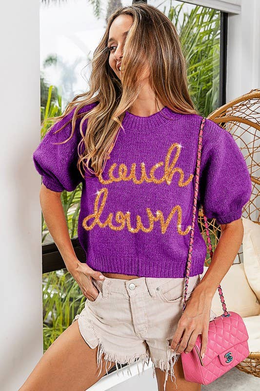 Touchdown Metallic Letter Puff Sleeve Sweater