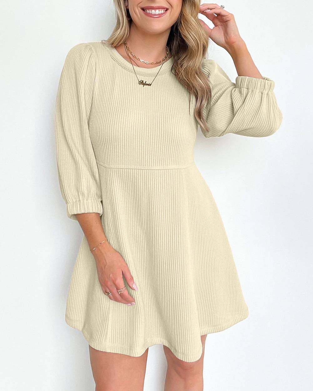 Ribbed Knit Flared Mini Dress: Beige