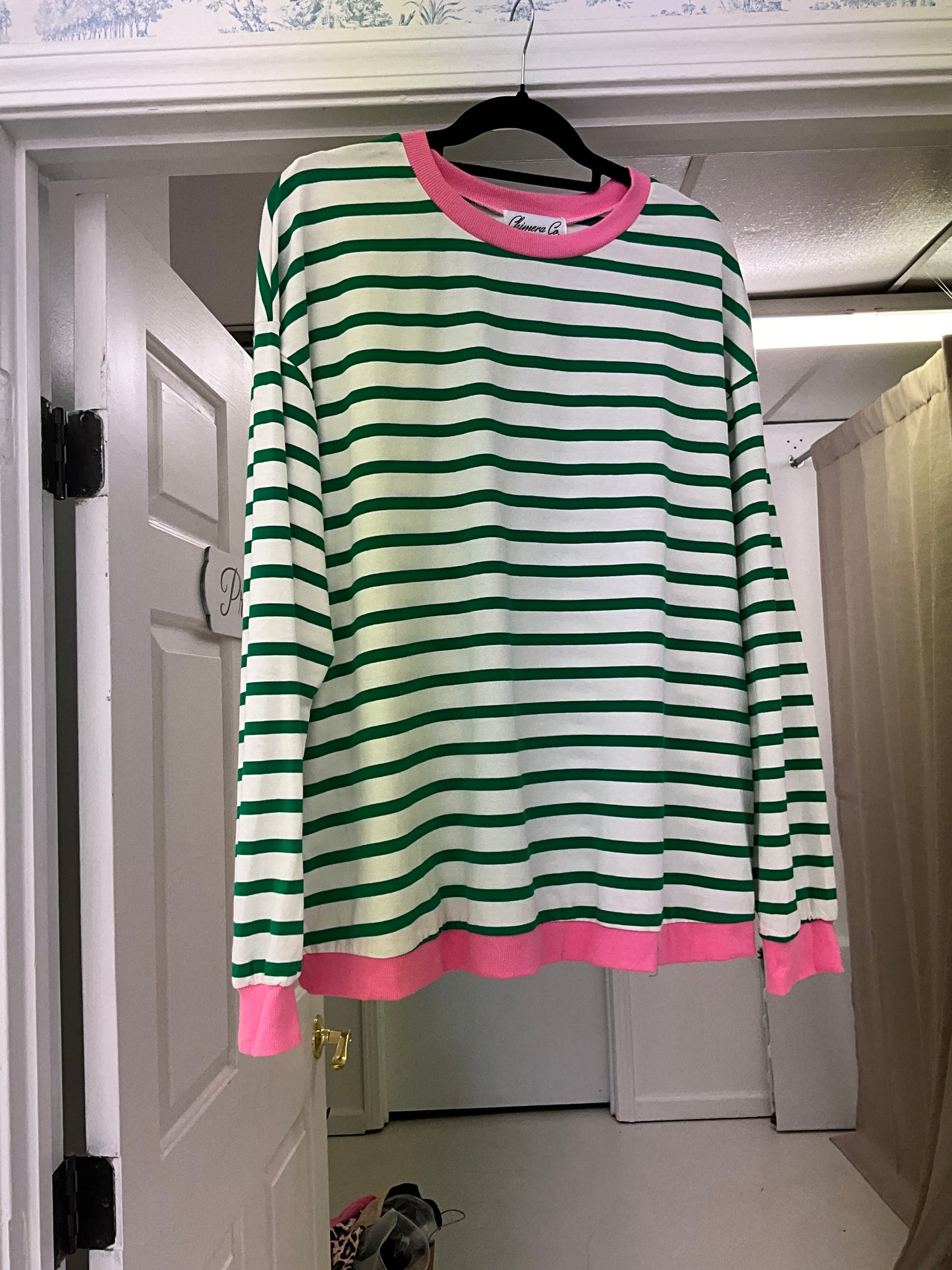 Bright green stripe pink trim top