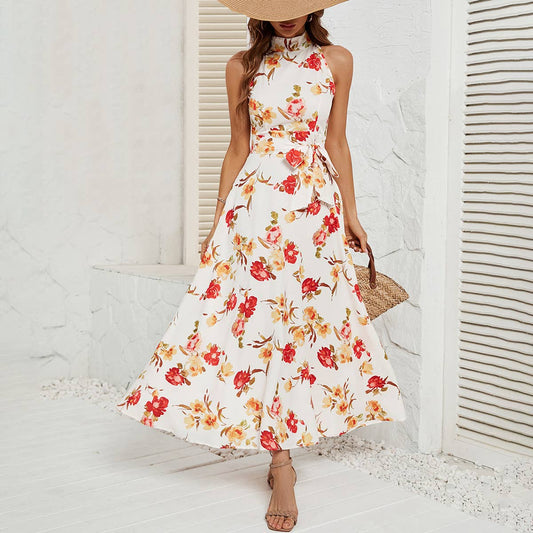 Belt-up dress with high neck and waist