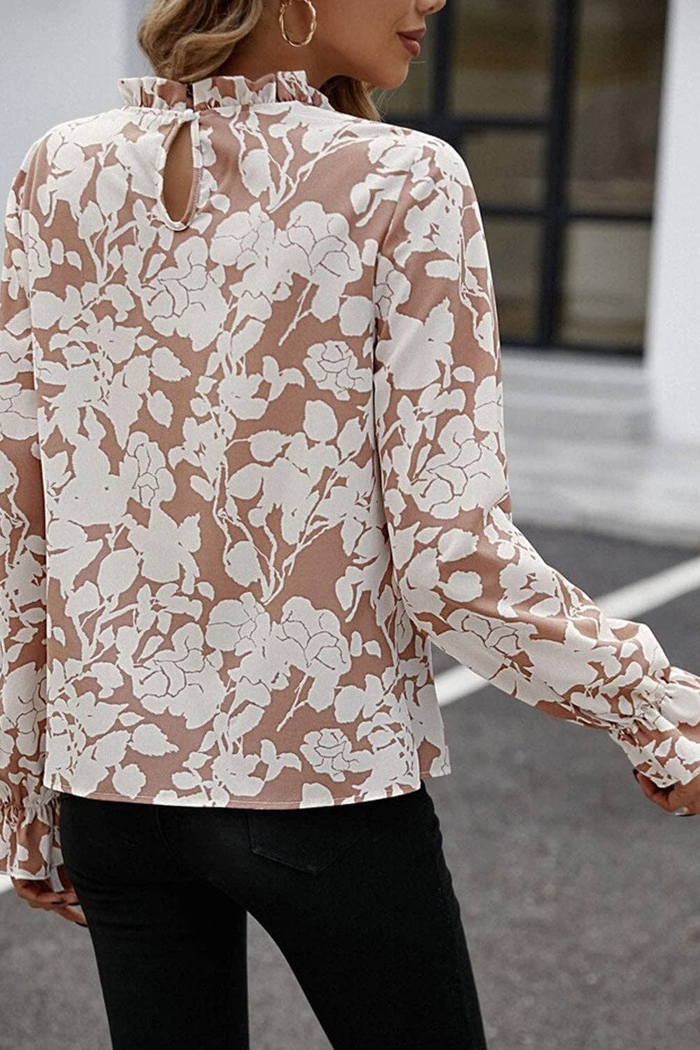 Floral Neck Flounce Blouse: