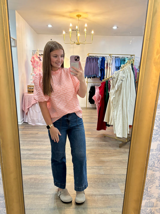 Pink Checkered Puff Sleeve