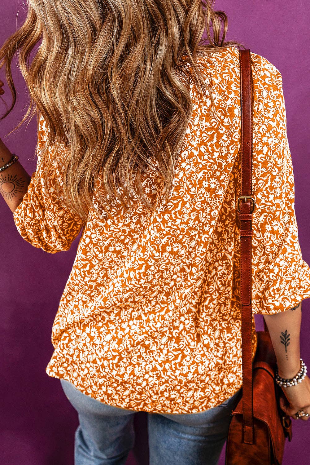 Floral Smocked Tie Neck : Orange