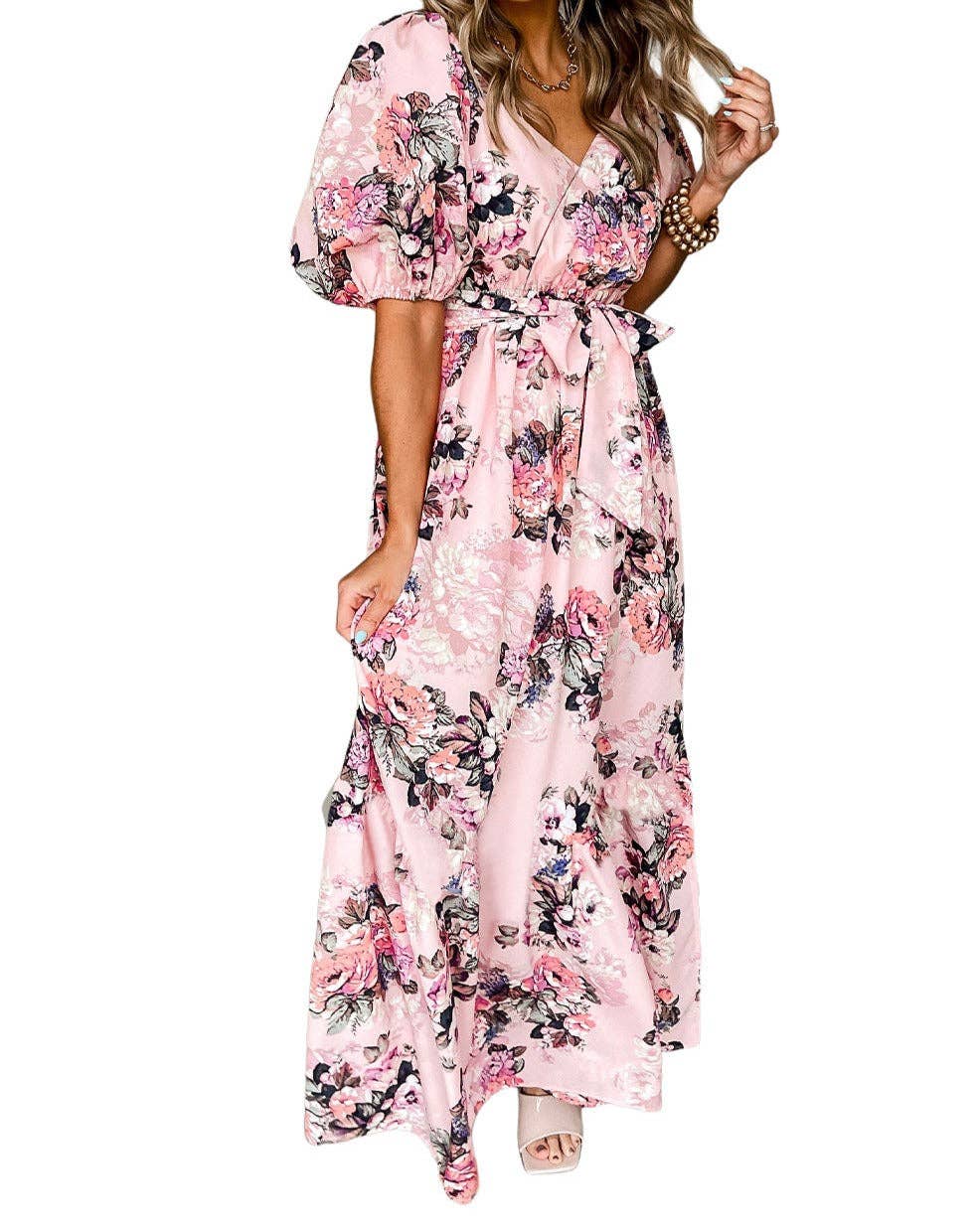 Floral High Waist Maxi Dress: / Pink