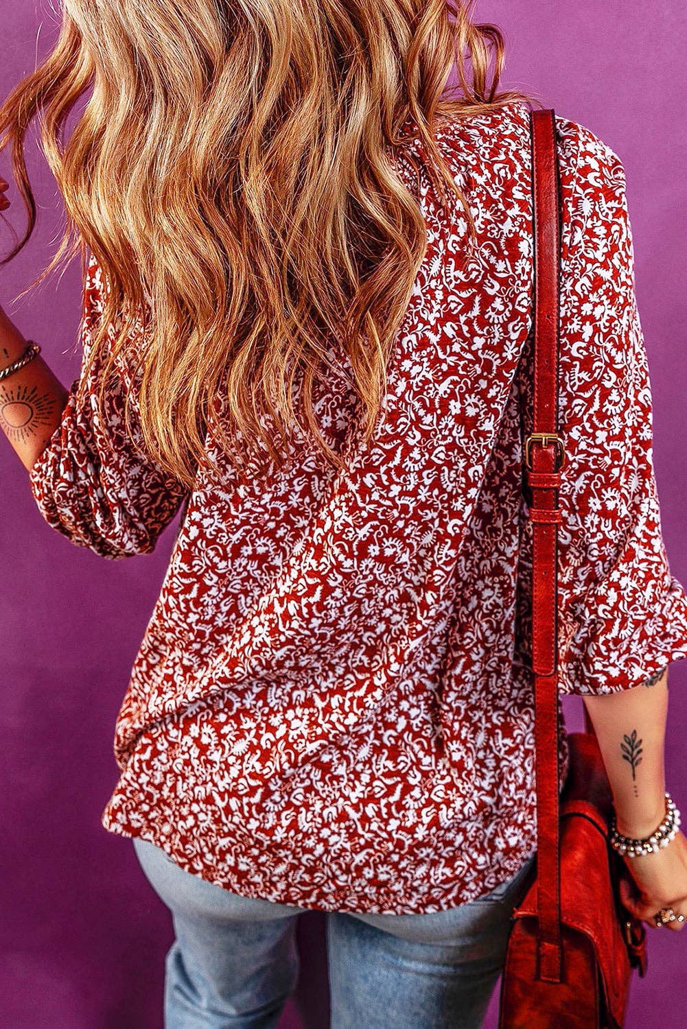 Floral Smocked Tie Neck Blouse: Red