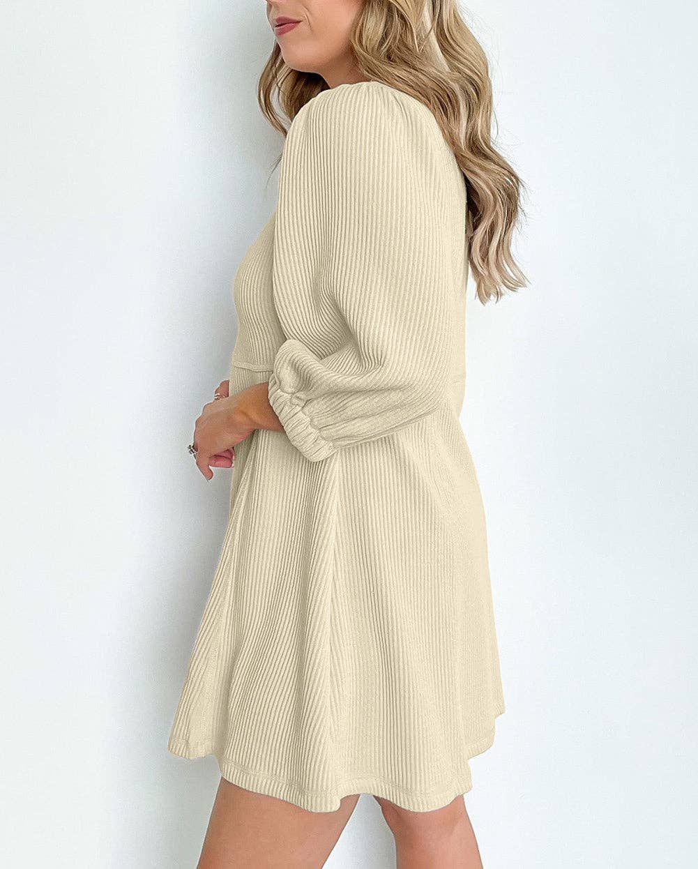 Ribbed Knit Flared Mini Dress: Beige