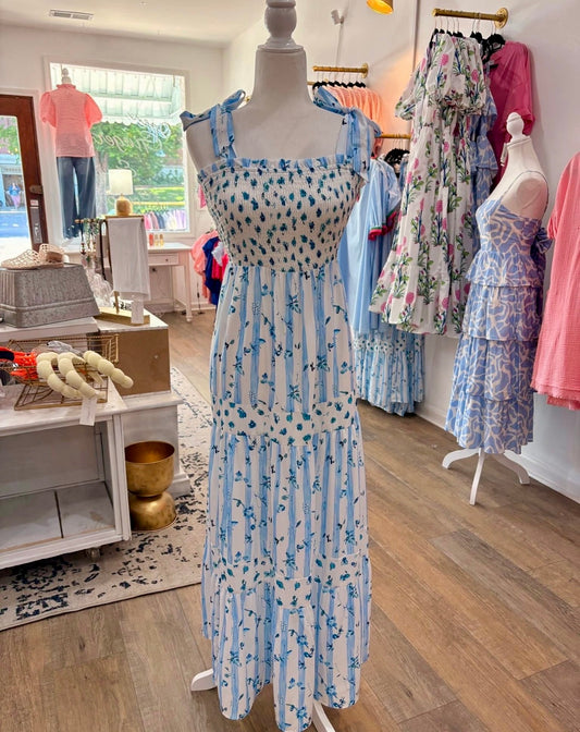Smocked tie maxi blue