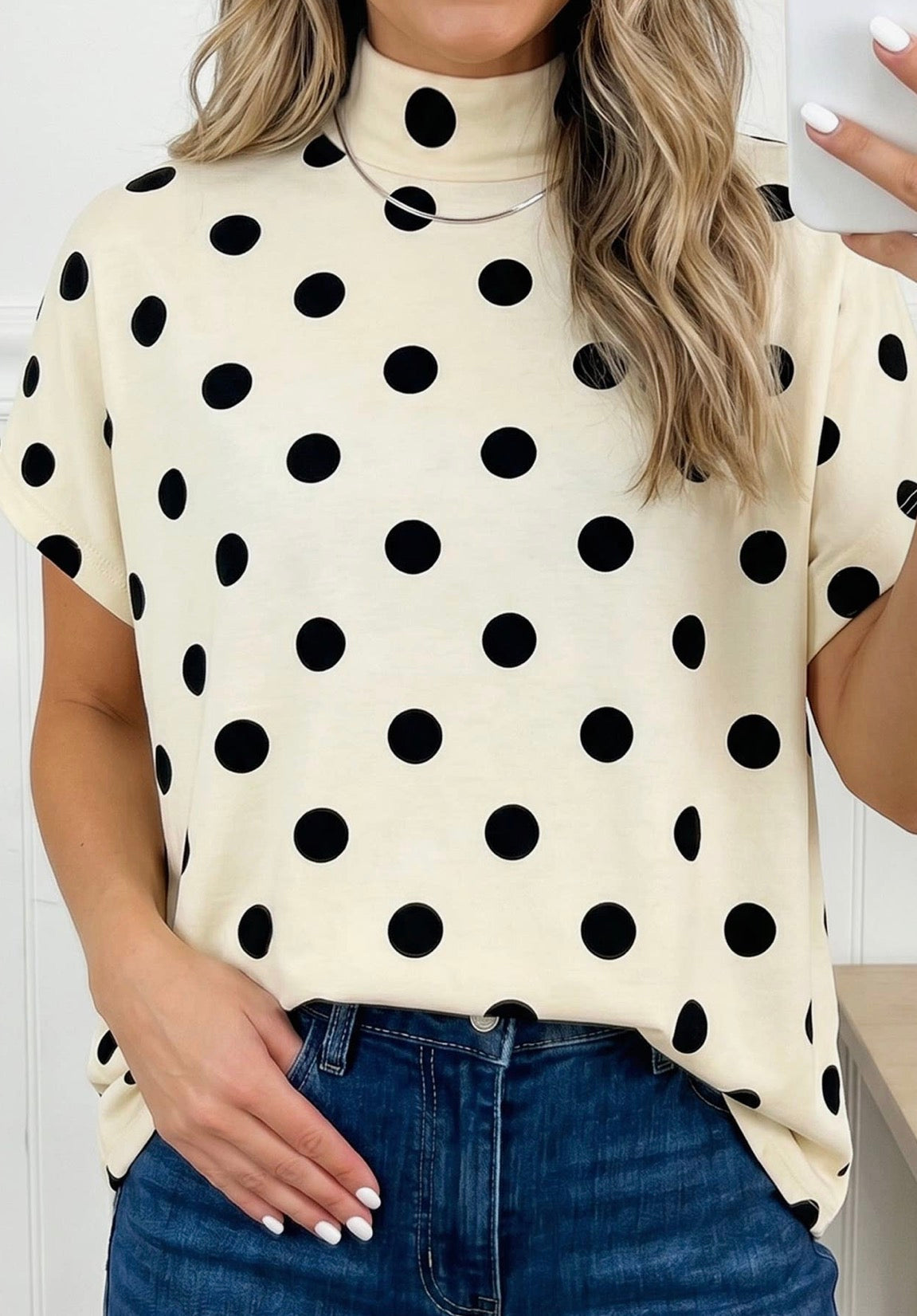 Black polka dot mock neck