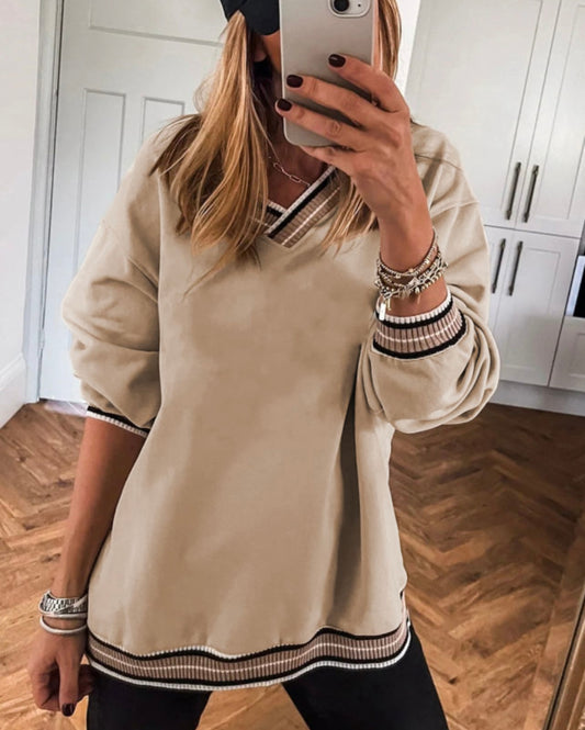 Beige stripe cream open bottom sweatshirt