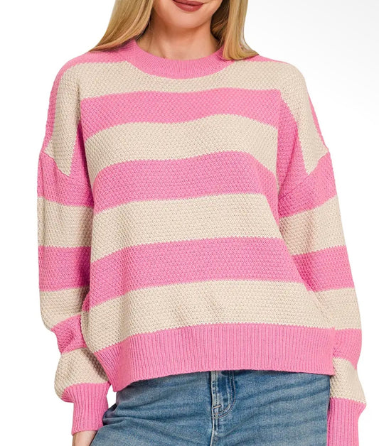 Striped drop sweater pink/white
