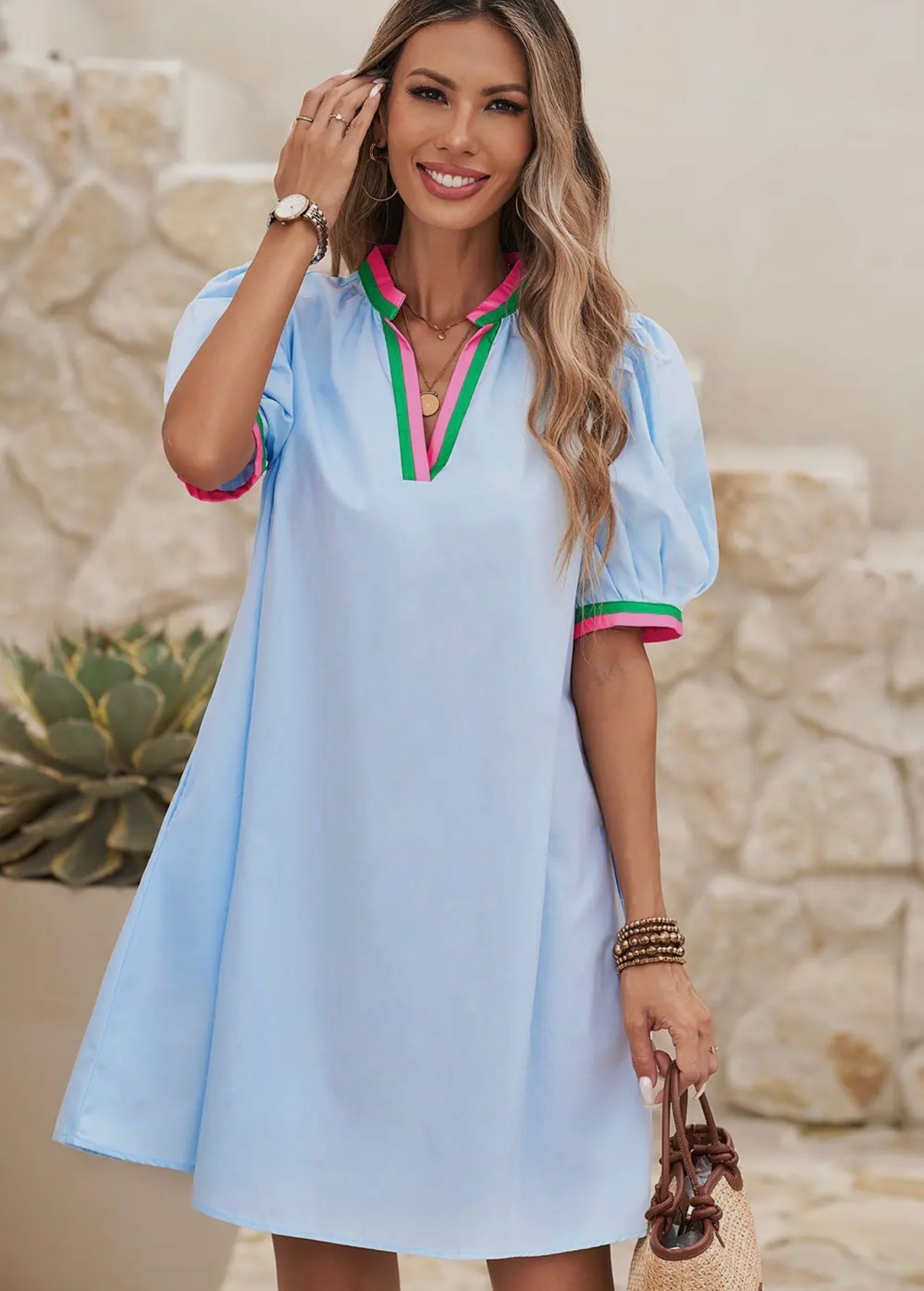 Light blue pink/green collar dress