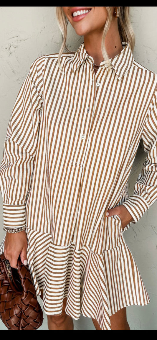 Stripe brown ruffle dress