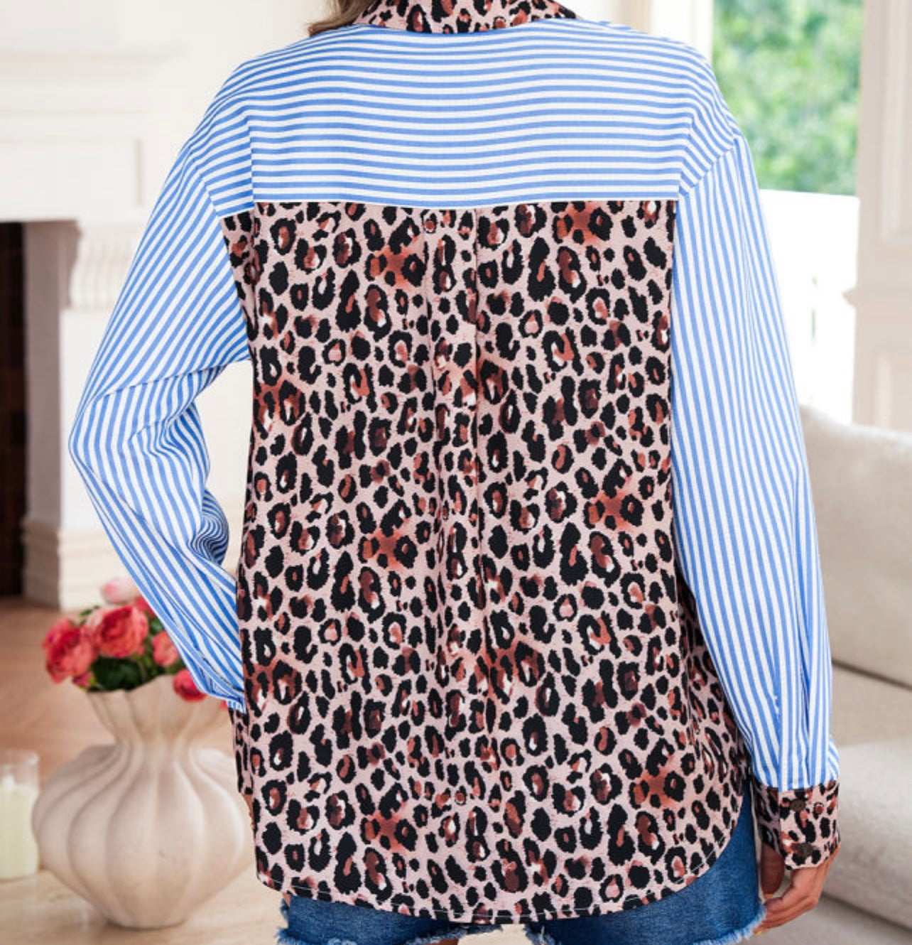 Blue striped leopard print long sleeve