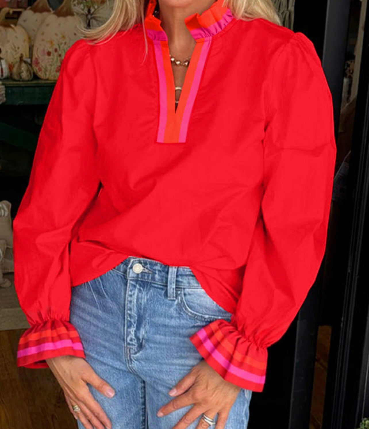 Red/pink long ruffle sleeve top