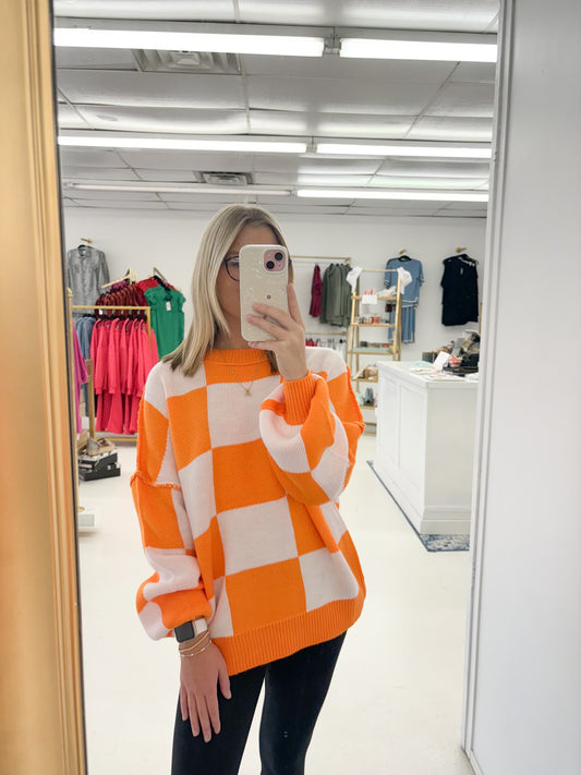 Orange/wht oversized check sweater