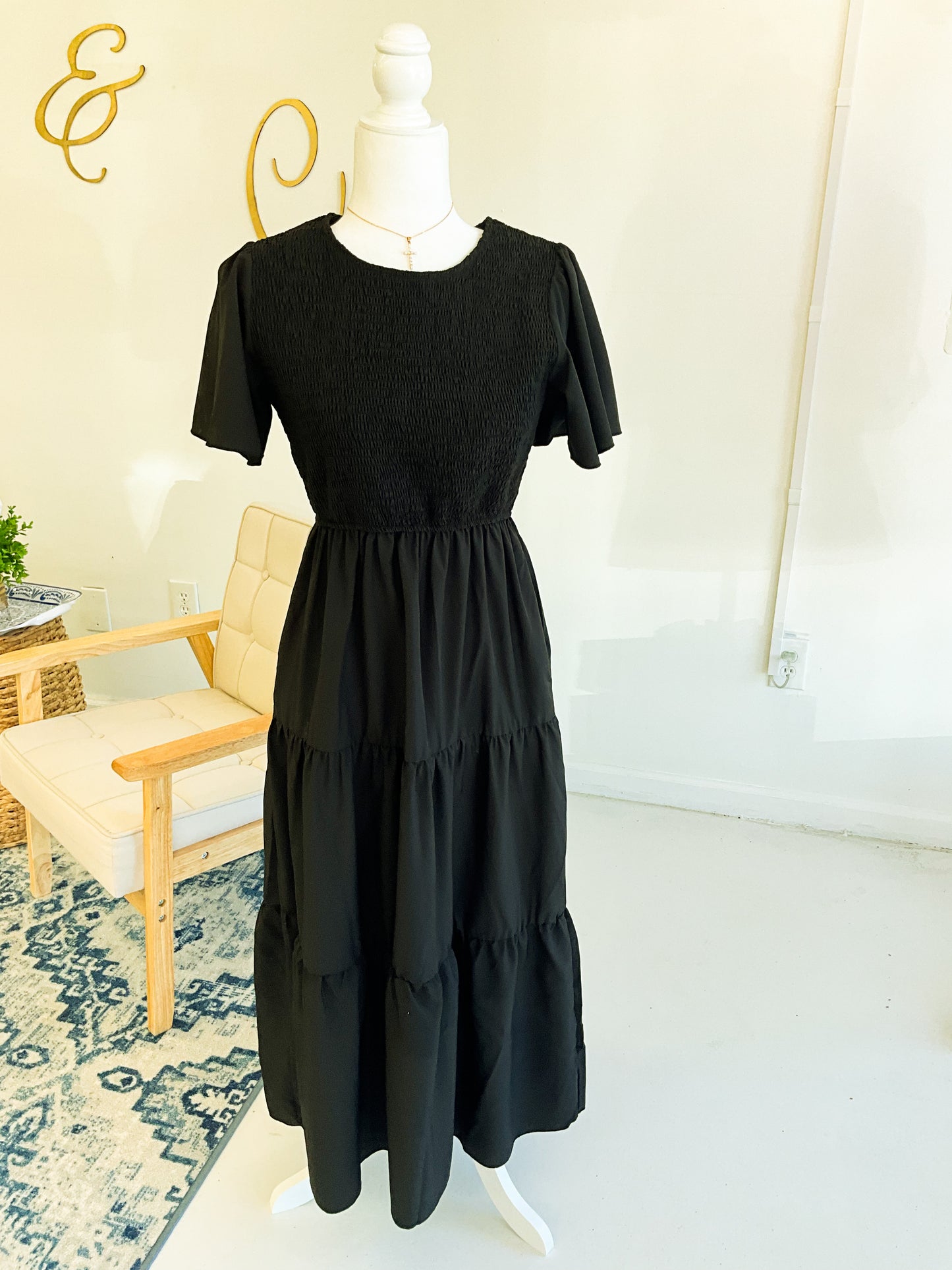 Plain Smocked Tiered Maxi : Black