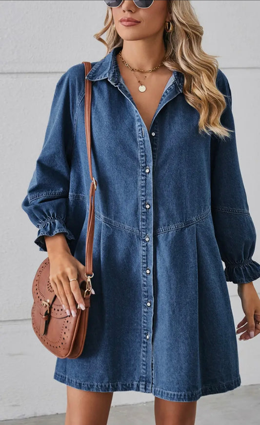 Ruffled long sleeved denim dress