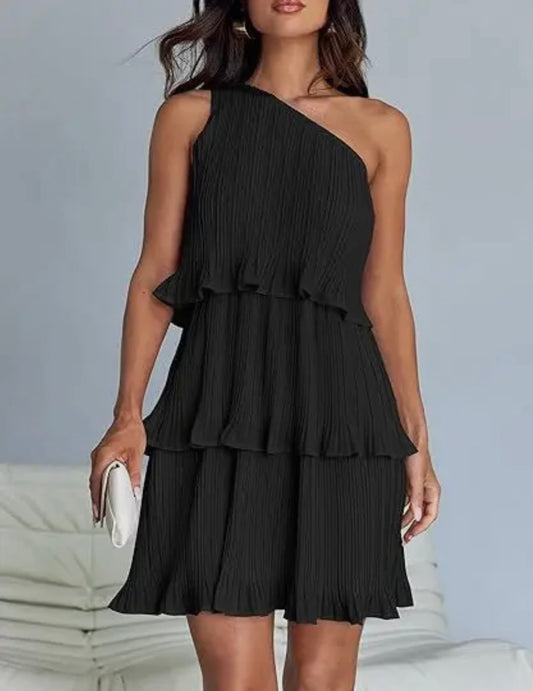 One shoulder tiered black dress