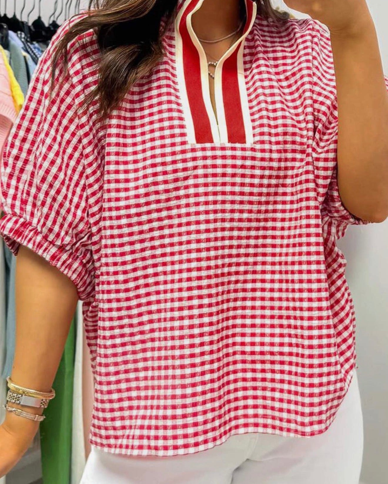 Gingham shirt ruffle collar