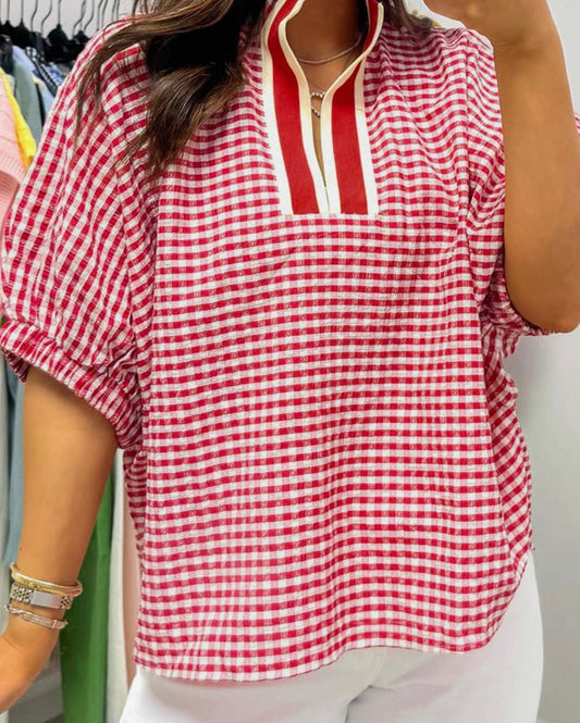 Gingham shirt ruffle collar