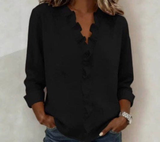 Ruffle trim long sleeve black