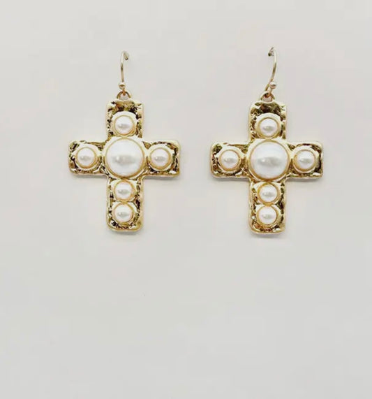 Gold cross pearl ear
