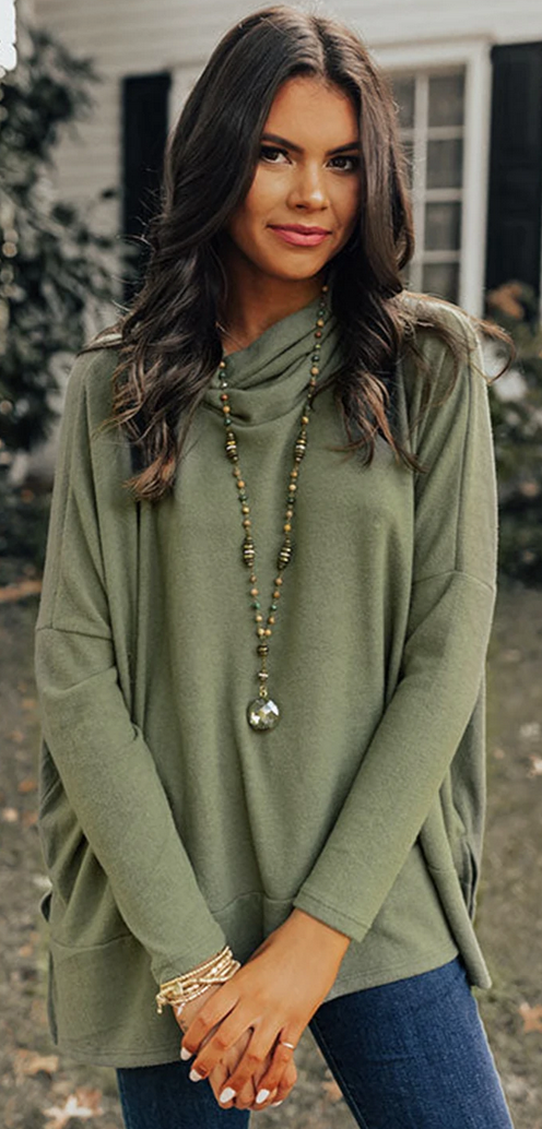 Cowl neck Loose fit Tunic top- green