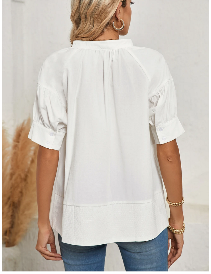 Ruched Bubble Sleeve V Neck Shirt-WHITE