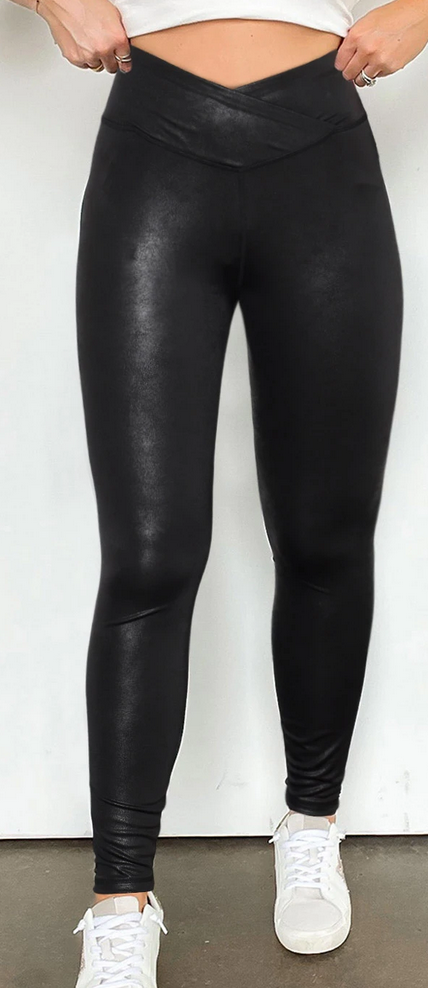 Black Cross Dip Waist Sleek Shiny Leggings