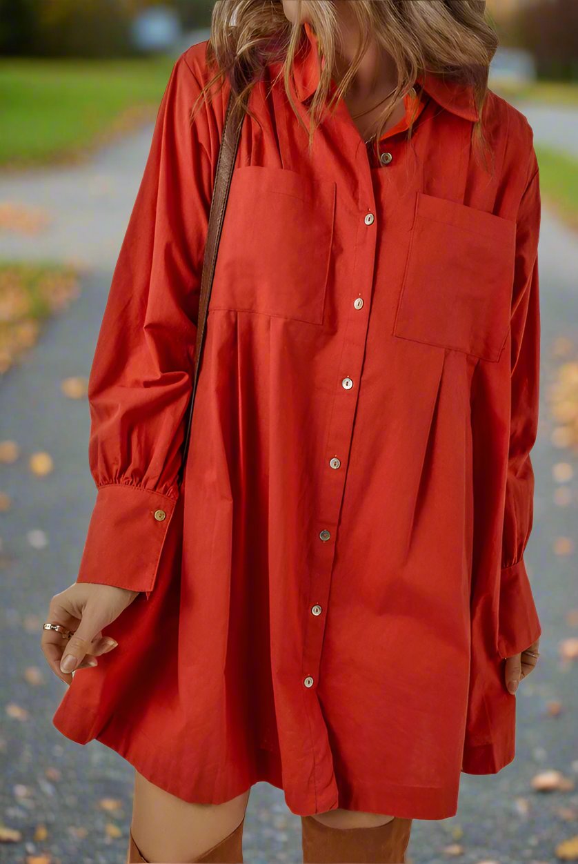 Red Button-Up Pleated Mini Shirt Dress