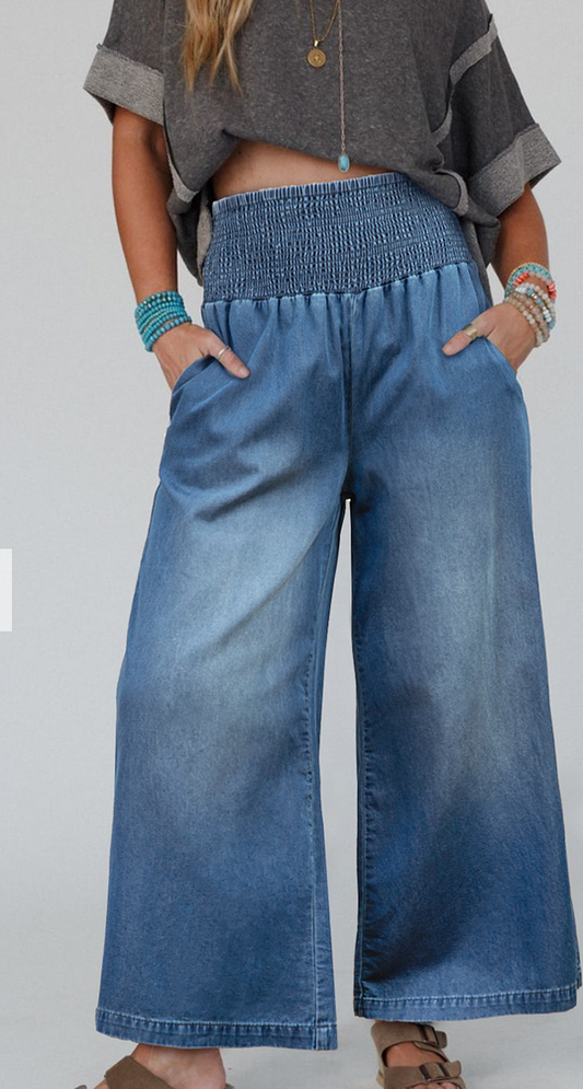 Smocked wide leg jean