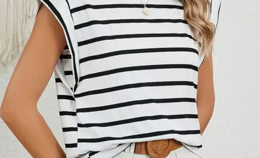 Round neck cap sleeve striped top