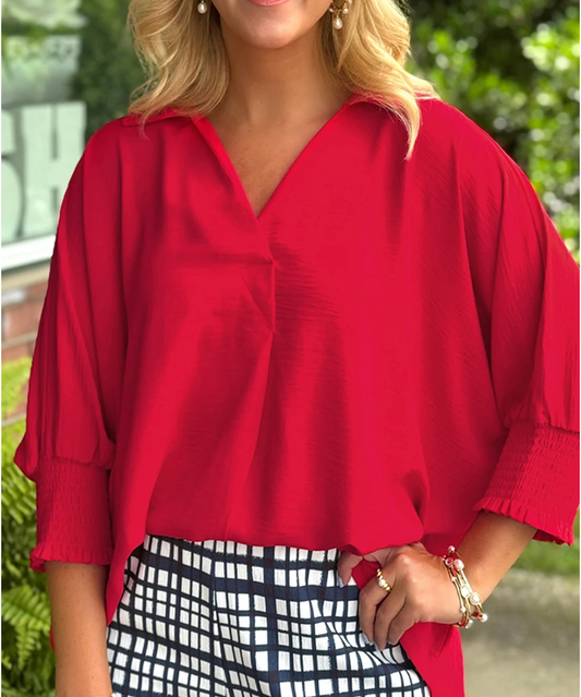V neck red smocked top