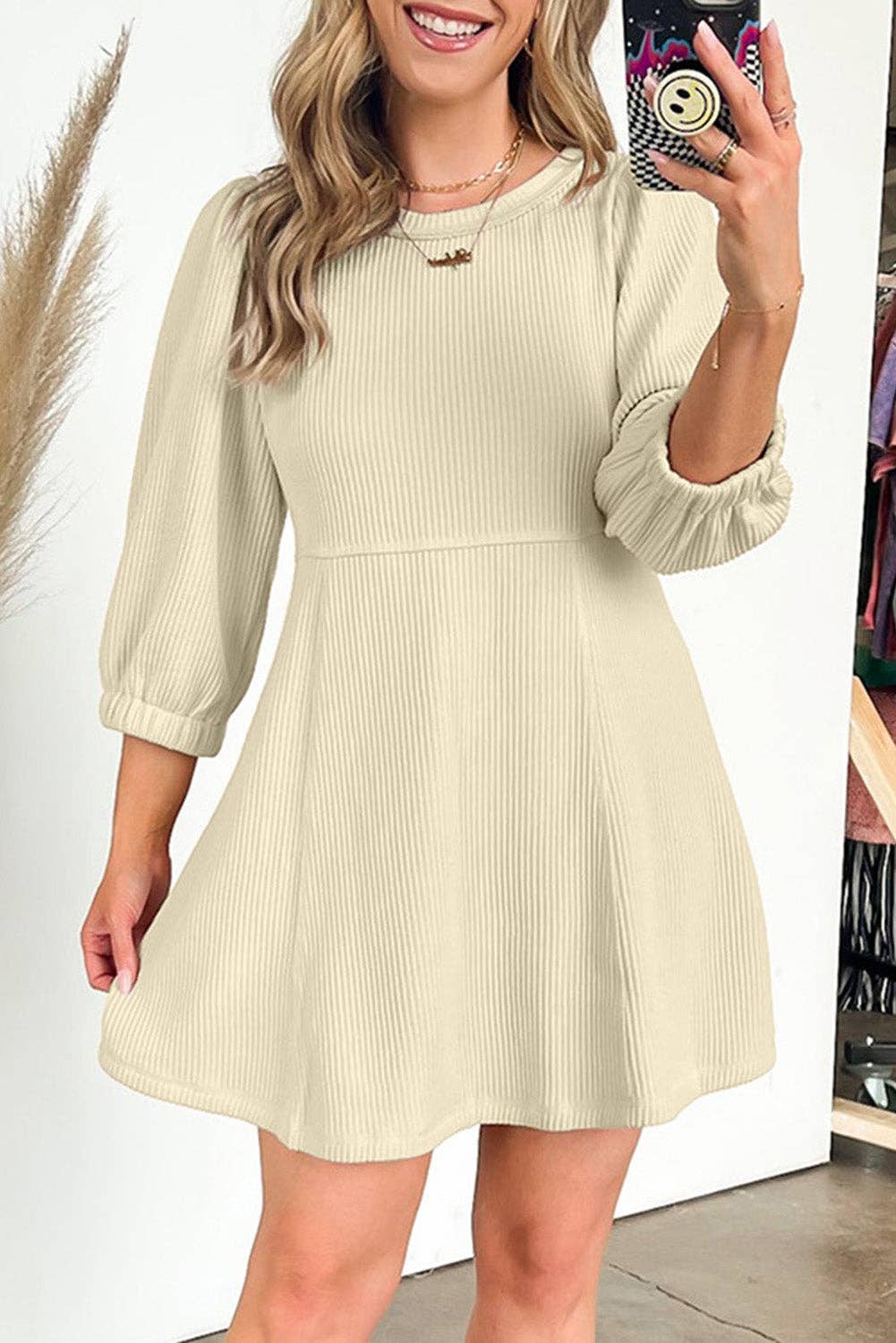 Ribbed Knit Flared Mini Dress: Beige