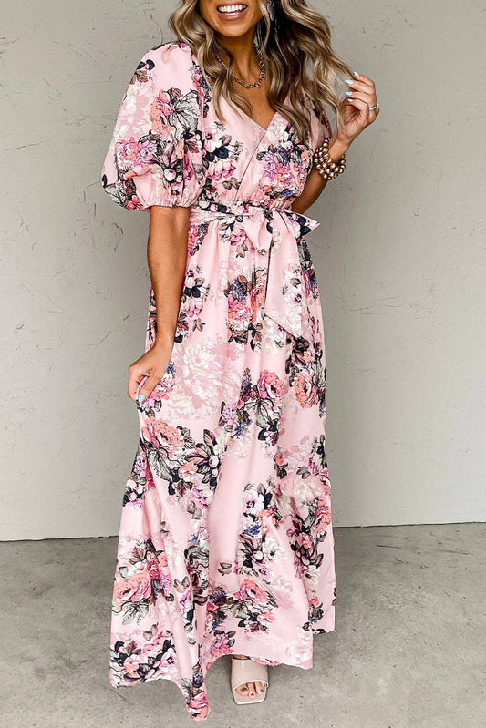 Floral High Waist Maxi Dress: / Pink
